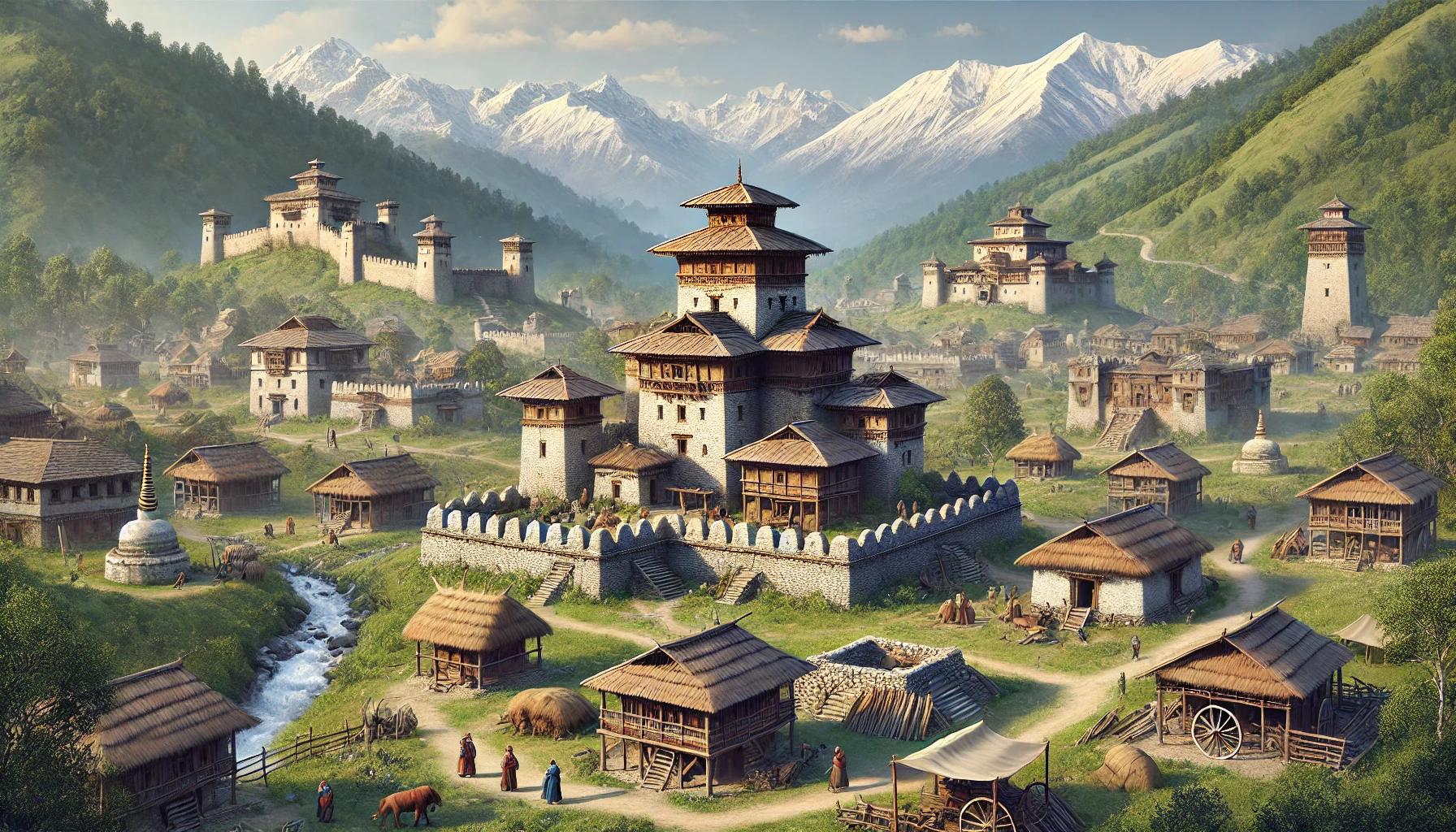 DALL·E 2025 03 20 12.20.03 A simple yet realistic depiction of the Khasa Malla Kingdom in the 12th century. The scene features a medieval Himalayan kingdom set in a valley with